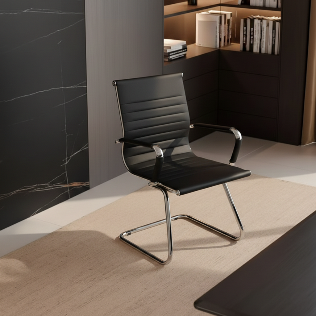 Modern Minimalist Leather Oxford Fabric Metal Conference Desk Chair - Ergonomic Mid Back Office Guest Chair For Meeting Room Reception