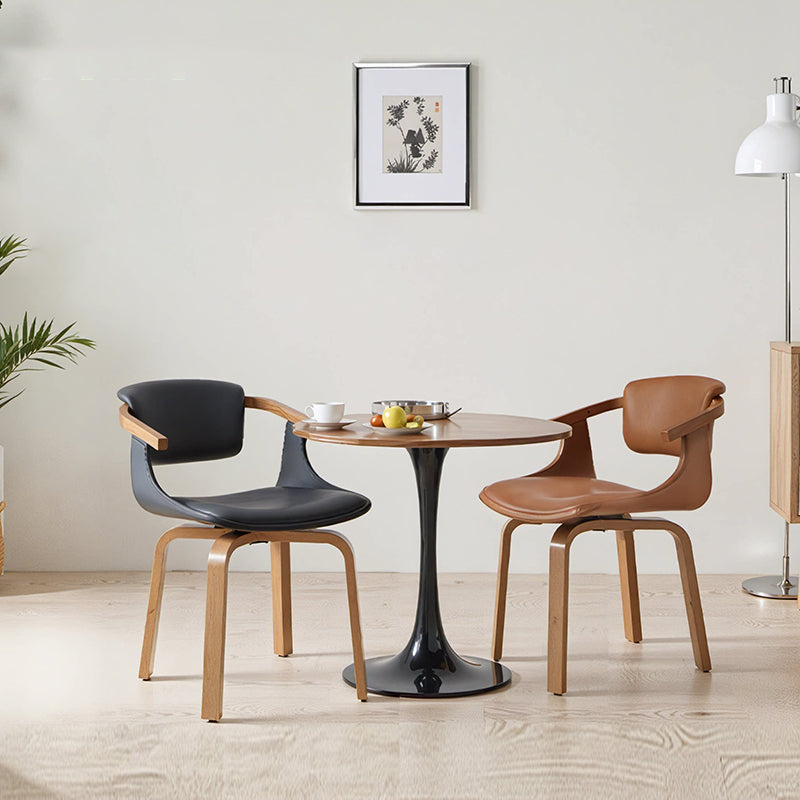 Modern Minimalist Solid Wood & Plywood Faux Leather Swivel Ergonomic Upholstered Dining Chair With Armrests For Dining Room & Home Office