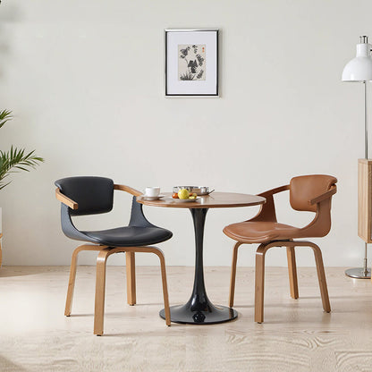 Modern Minimalist Solid Wood & Plywood Faux Leather Swivel Ergonomic Upholstered Dining Chair With Armrests For Dining Room & Home Office