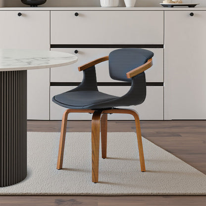 Modern Minimalist Solid Wood & Plywood Faux Leather Swivel Ergonomic Upholstered Dining Chair With Armrests For Dining Room & Home Office