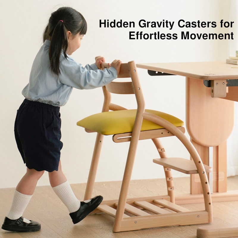 Modern Minimalist Solid Beech Wood Kids Study Chair - Adjustable Height Ergonomic Learning Chair With Footrest & Hidden Gravity Wheels