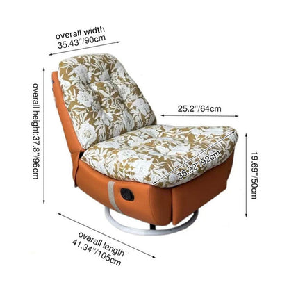 Retro Solid Wood & Metal Swivel Lounge Chair - Cotton Linen Floral Accent Recliner With Eco Leather Base & 360° Rotation
