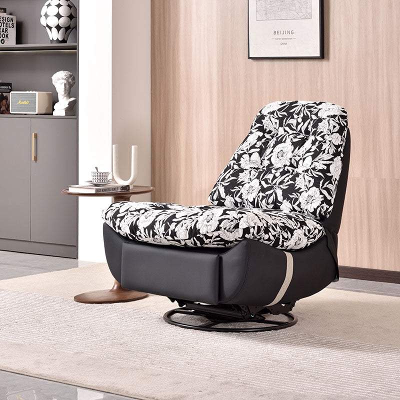 Retro Solid Wood & Metal Swivel Lounge Chair - Cotton Linen Floral Accent Recliner With Eco Leather Base & 360° Rotation