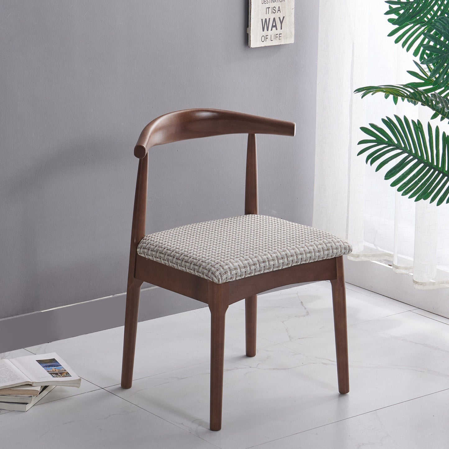 Contemporary Nordic Solid Rubberwood & Plywood Faux Leather Horn Dining Chair With Backrest For Dining Room & Living Room