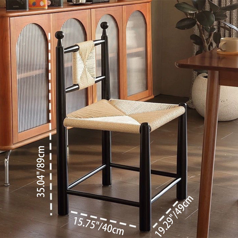 Contemporary Scandinavian Rectangular Kraft Paper Weaving Solid Wood Bistro Dining Chair With Backrest & Footrest For Dining Room