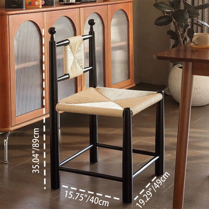 Contemporary Scandinavian Rectangular Kraft Paper Weaving Solid Wood Bistro Dining Chair With Backrest & Footrest For Dining Room