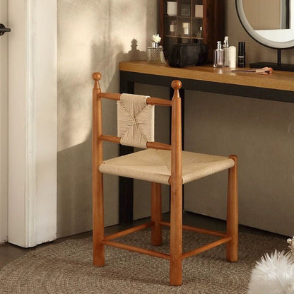 Contemporary Scandinavian Rectangular Kraft Paper Weaving Solid Wood Bistro Dining Chair With Backrest & Footrest For Dining Room