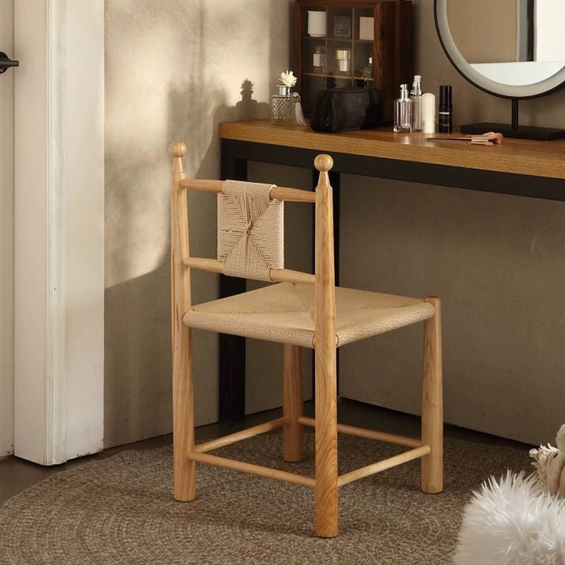 Contemporary Scandinavian Rectangular Kraft Paper Weaving Solid Wood Bistro Dining Chair With Backrest & Footrest For Dining Room