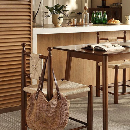 Contemporary Scandinavian Rectangular Kraft Paper Weaving Solid Wood Bistro Dining Chair With Backrest & Footrest For Dining Room
