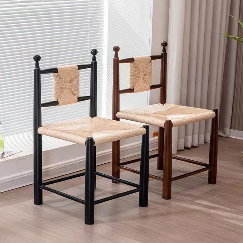 Contemporary Scandinavian Rectangular Kraft Paper Weaving Solid Wood Bistro Dining Chair With Backrest & Footrest For Dining Room