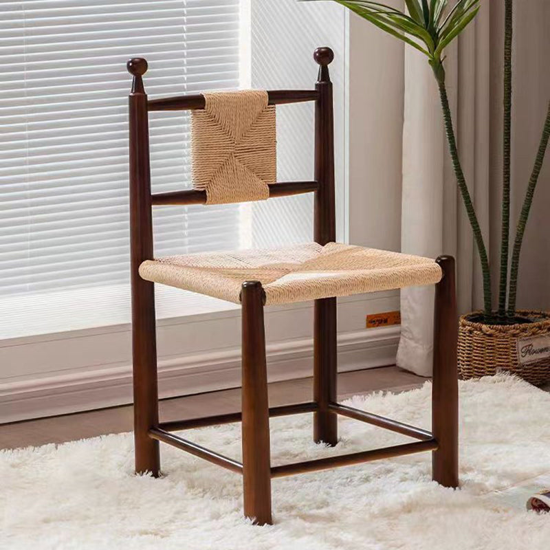 Contemporary Scandinavian Rectangular Kraft Paper Weaving Solid Wood Bistro Dining Chair With Backrest & Footrest For Dining Room