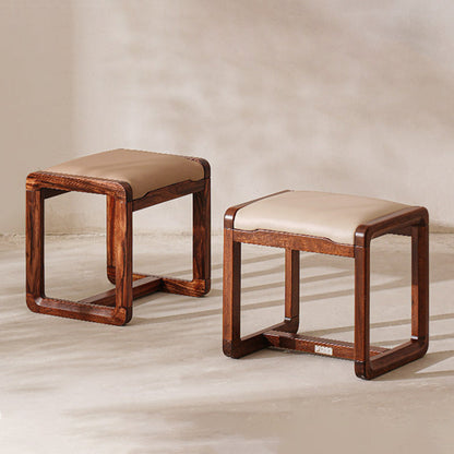 Modern Minimalist Solid Wood Vanity Stool With Faux Leather Cushion For Bedroom & Dressing Area