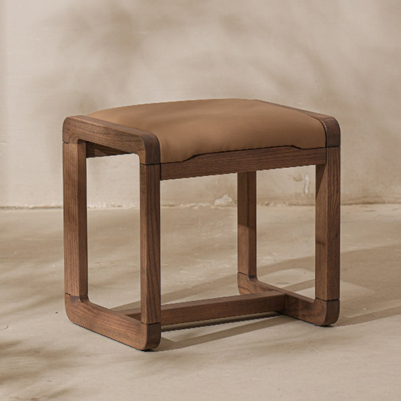 Modern Minimalist Solid Wood Vanity Stool With Faux Leather Cushion For Bedroom & Dressing Area