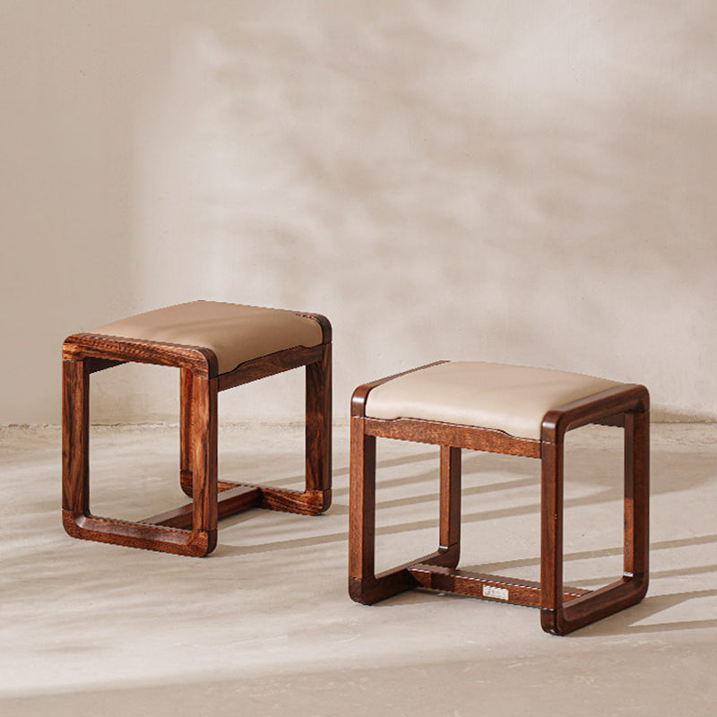 Modern Minimalist Solid Wood Vanity Stool With Faux Leather Cushion For Bedroom & Dressing Area