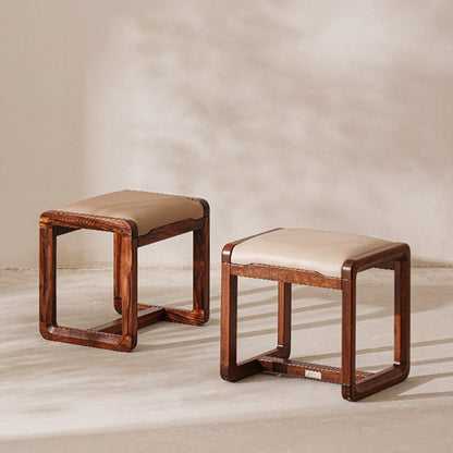 Modern Minimalist Solid Wood Vanity Stool With Faux Leather Cushion For Bedroom & Dressing Area
