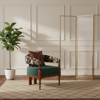 Traditional French Solid Ash Wood Curved Handrail Cotton-Linen Blend Accent Chair & Table Set For Living Room