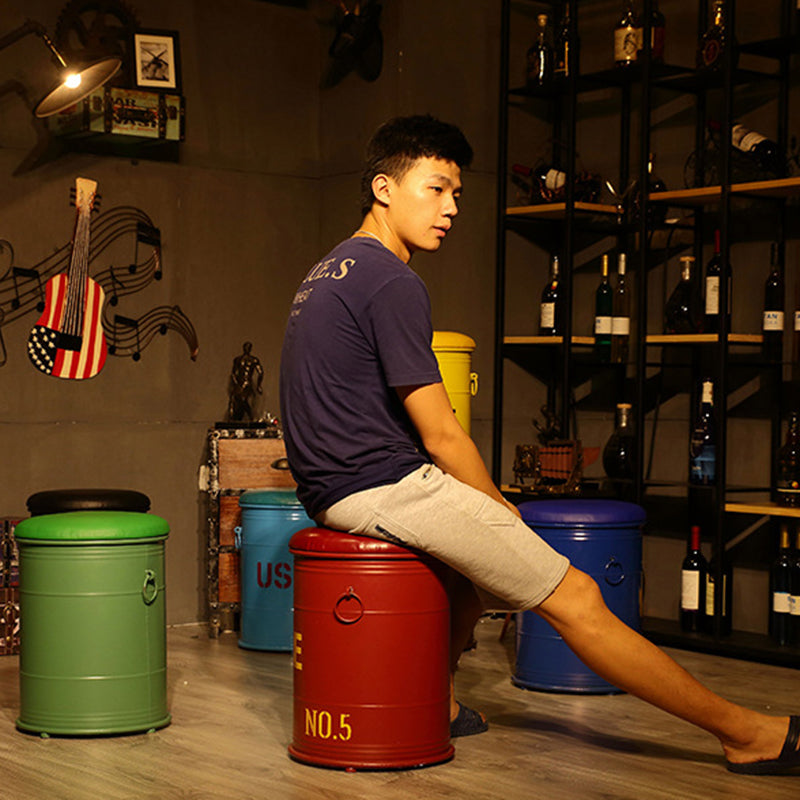 Contemporary Industrial Paint Can Design Iron PU Leather Stool For Living Room