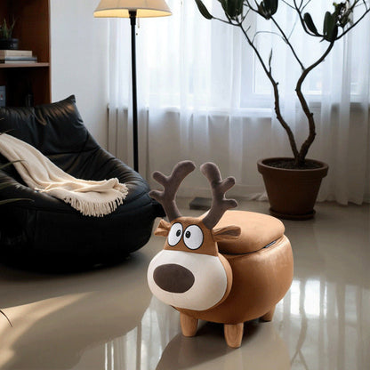 Modern Minimalist Reindeer Solid Wood Velvet Kids Stool 1-Storage For Living Room