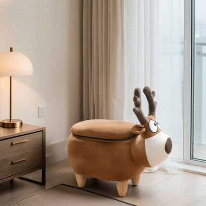 Modern Minimalist Reindeer Solid Wood Velvet Kids Stool 1-Storage For Living Room