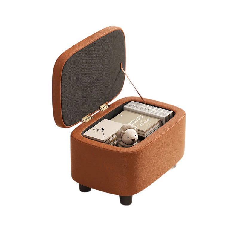 Modern Minimalist Rounded-Edge Solid Wood PU Leather Low Stool 1-Storage For Entryway