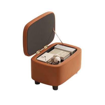 Modern Minimalist Rounded-Edge Solid Wood PU Leather Low Stool 1-Storage For Entryway