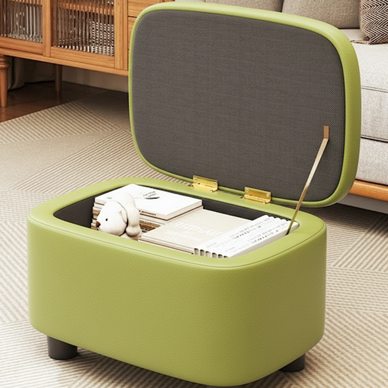 Modern Minimalist Rounded-Edge Solid Wood PU Leather Low Stool 1-Storage For Entryway