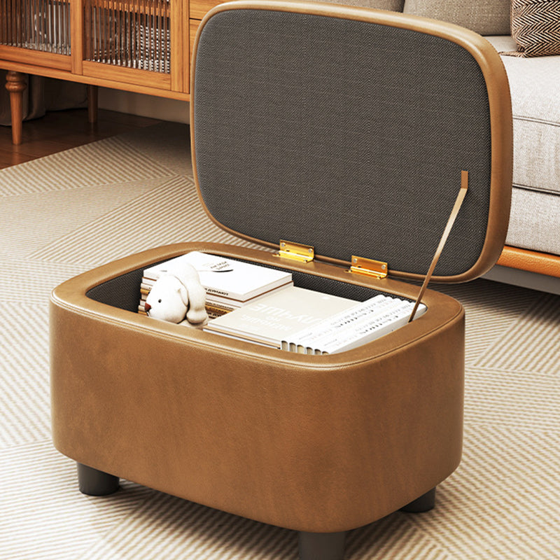 Modern Minimalist Rounded-Edge Solid Wood PU Leather Low Stool 1-Storage For Entryway