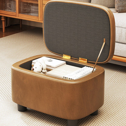 Modern Minimalist Rounded-Edge Solid Wood PU Leather Low Stool 1-Storage For Entryway