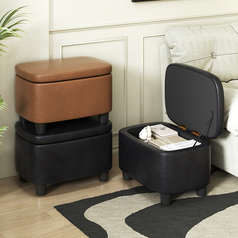 Modern Minimalist Rounded-Edge Solid Wood PU Leather Low Stool 1-Storage For Entryway