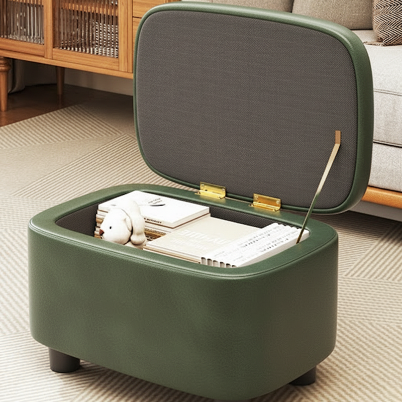 Modern Minimalist Rounded-Edge Solid Wood PU Leather Low Stool 1-Storage For Entryway