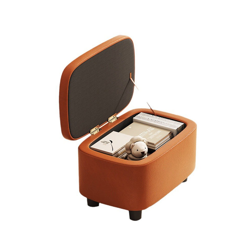 Modern Minimalist Rounded-Edge Solid Wood PU Leather Low Stool 1-Storage For Entryway
