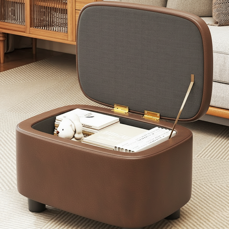 Modern Minimalist Rounded-Edge Solid Wood PU Leather Low Stool 1-Storage For Entryway