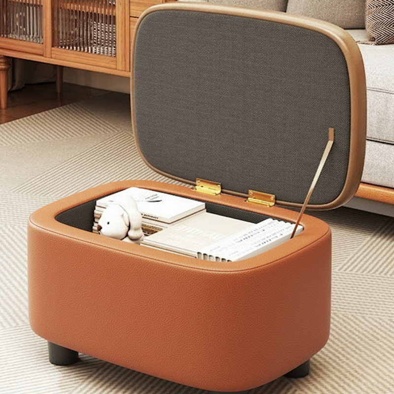 Modern Minimalist Rounded-Edge Solid Wood PU Leather Low Stool 1-Storage For Entryway