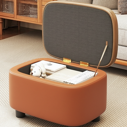 Modern Minimalist Rounded-Edge Solid Wood PU Leather Low Stool 1-Storage For Entryway