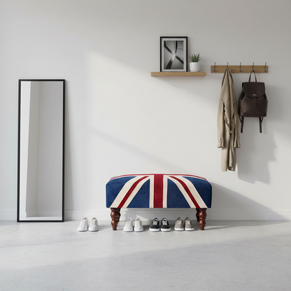 Traditional Vintage Union Jack Turned Wooden Legs Solid Wood Velvet Bench For Entryway