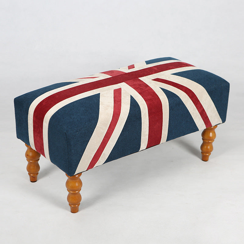 Traditional Vintage Union Jack Turned Wooden Legs Solid Wood Velvet Bench For Entryway