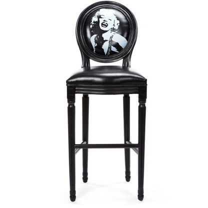 Traditional French Oval Back Fluted Legs Solid Wood Oil-wax Leather Linen Bar Stool With Backrest For Dining Room
