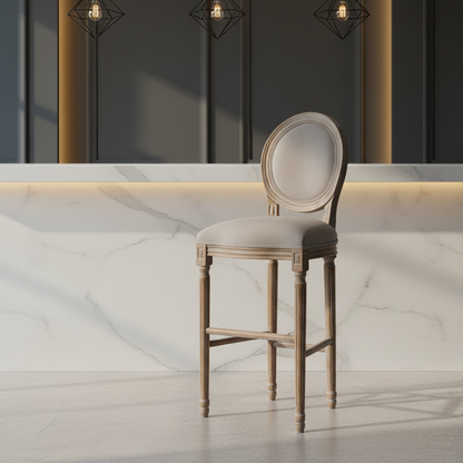 Traditional French Oval Back Fluted Legs Solid Wood Oil-wax Leather Linen Bar Stool With Backrest For Dining Room