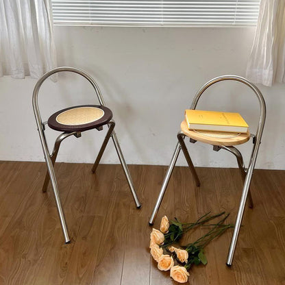 Modern Mid-Century Round Stainless Steel MDF Rattan Weaving Foldable Stool Backrest For Living Room