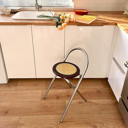 Modern Mid-Century Round Stainless Steel MDF Rattan Weaving Foldable Stool Backrest For Living Room