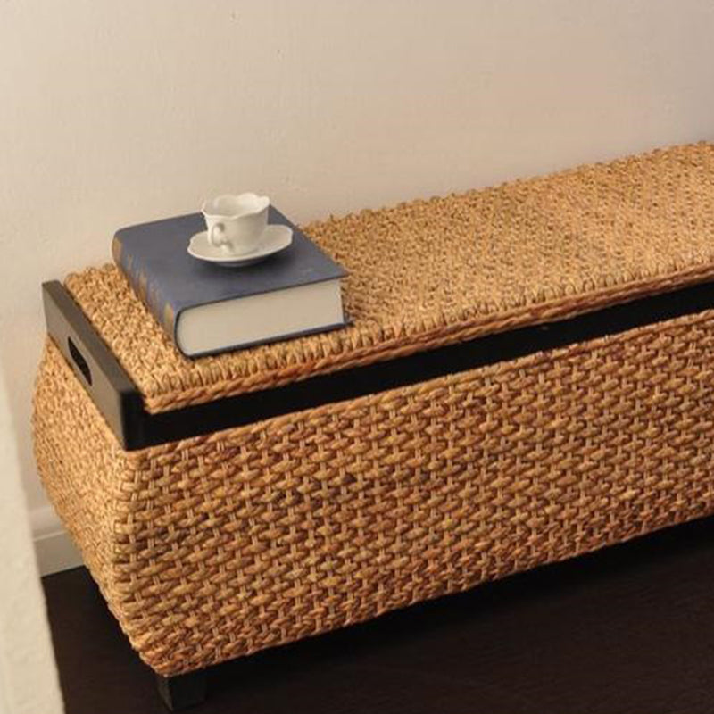 Traditional Rustic Rectangular Rounded-Corner Solid Wood Narcissus Rattan Weaving Shoe Bench 1-Storage For Entryway