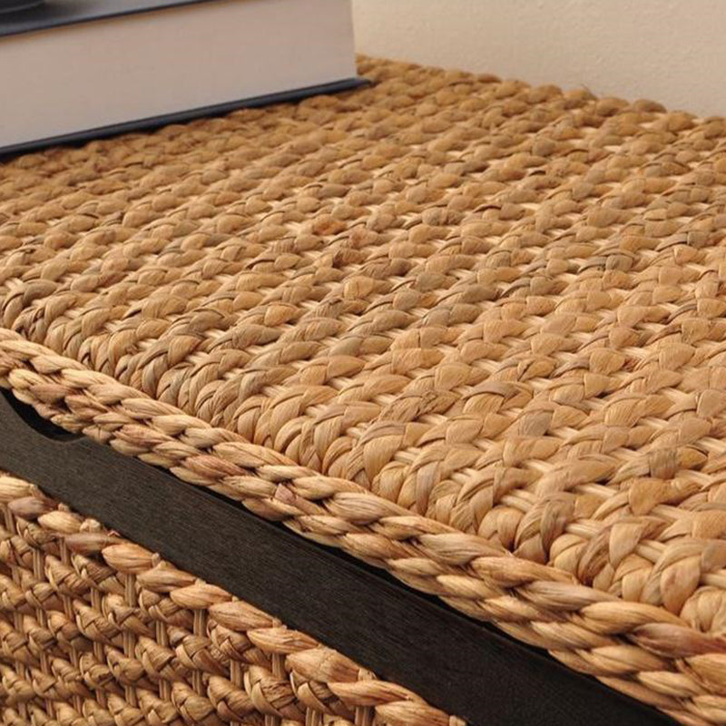 Traditional Rustic Rectangular Rounded-Corner Solid Wood Narcissus Rattan Weaving Shoe Bench 1-Storage For Entryway