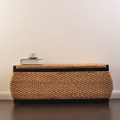 Traditional Rustic Rectangular Rounded-Corner Solid Wood Narcissus Rattan Weaving Shoe Bench 1-Storage For Entryway