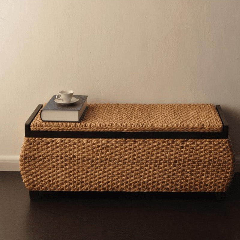 Traditional Rustic Rectangular Rounded-Corner Solid Wood Narcissus Rattan Weaving Shoe Bench 1-Storage For Entryway
