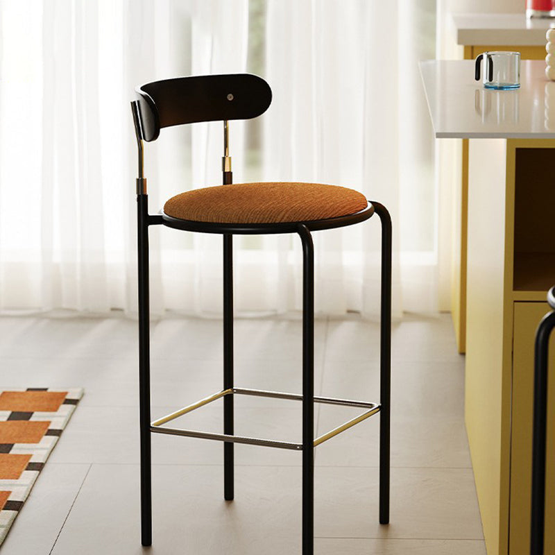 Modern Minimalist Round Wrought Iron Plywood Fabric Bar Stool Backrest Footrest For Dining Room