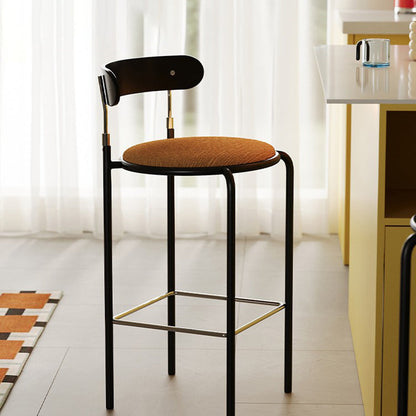 Modern Minimalist Round Wrought Iron Plywood Fabric Bar Stool Backrest Footrest For Dining Room