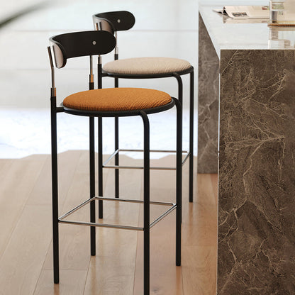 Modern Minimalist Round Wrought Iron Plywood Fabric Bar Stool Backrest Footrest For Dining Room