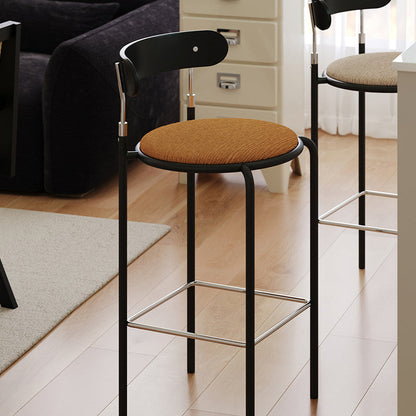 Modern Minimalist Round Wrought Iron Plywood Fabric Bar Stool Backrest Footrest For Dining Room