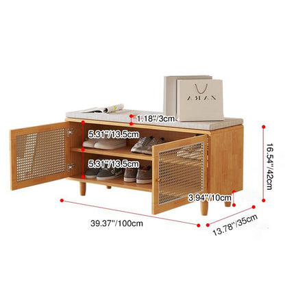 Contemporary Nordic Rectangular Solid Wood & Plastic Rattan Weaving Shoe Bench 2-Storage For Entryway