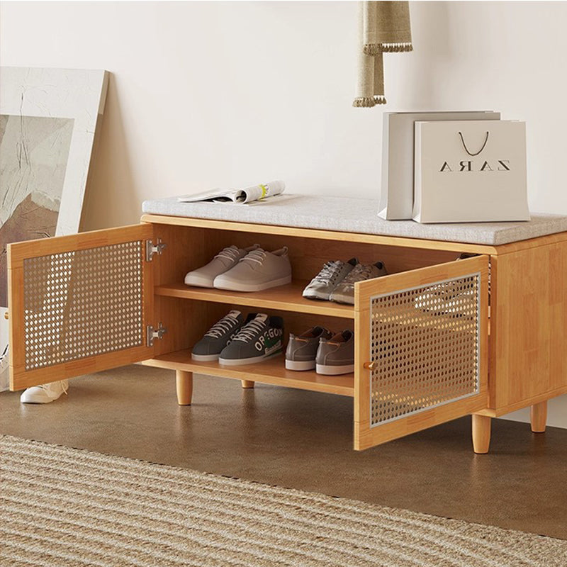 Contemporary Nordic Rectangular Solid Wood & Plastic Rattan Weaving Shoe Bench 2-Storage For Entryway
